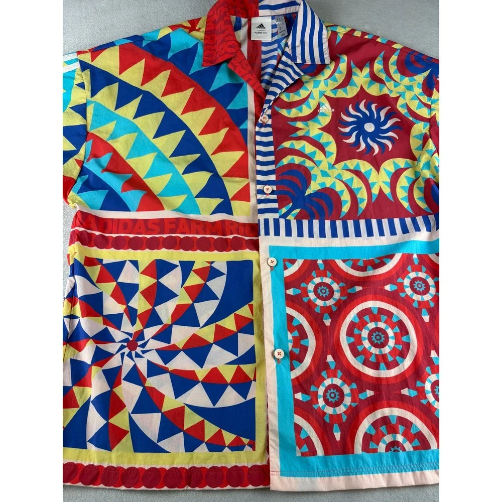 Adidas x FARM Rio Womens Multi Color Geometric Patchwork Button Down Shirt M